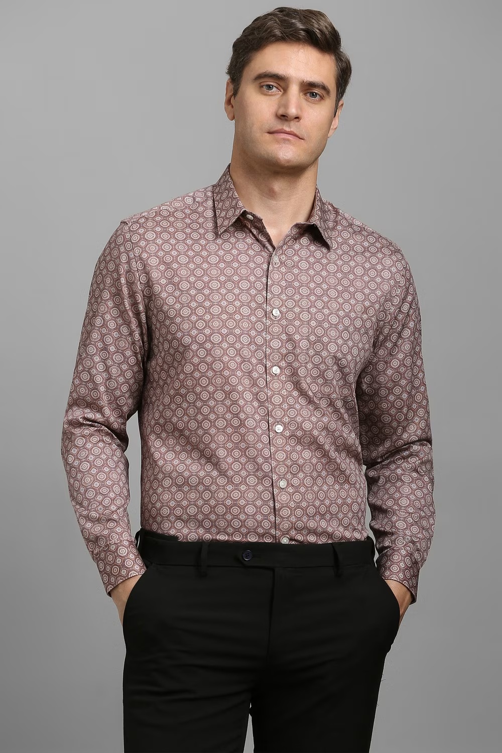 Men Brown Print Full Sleeves Formal Shirt-Brown