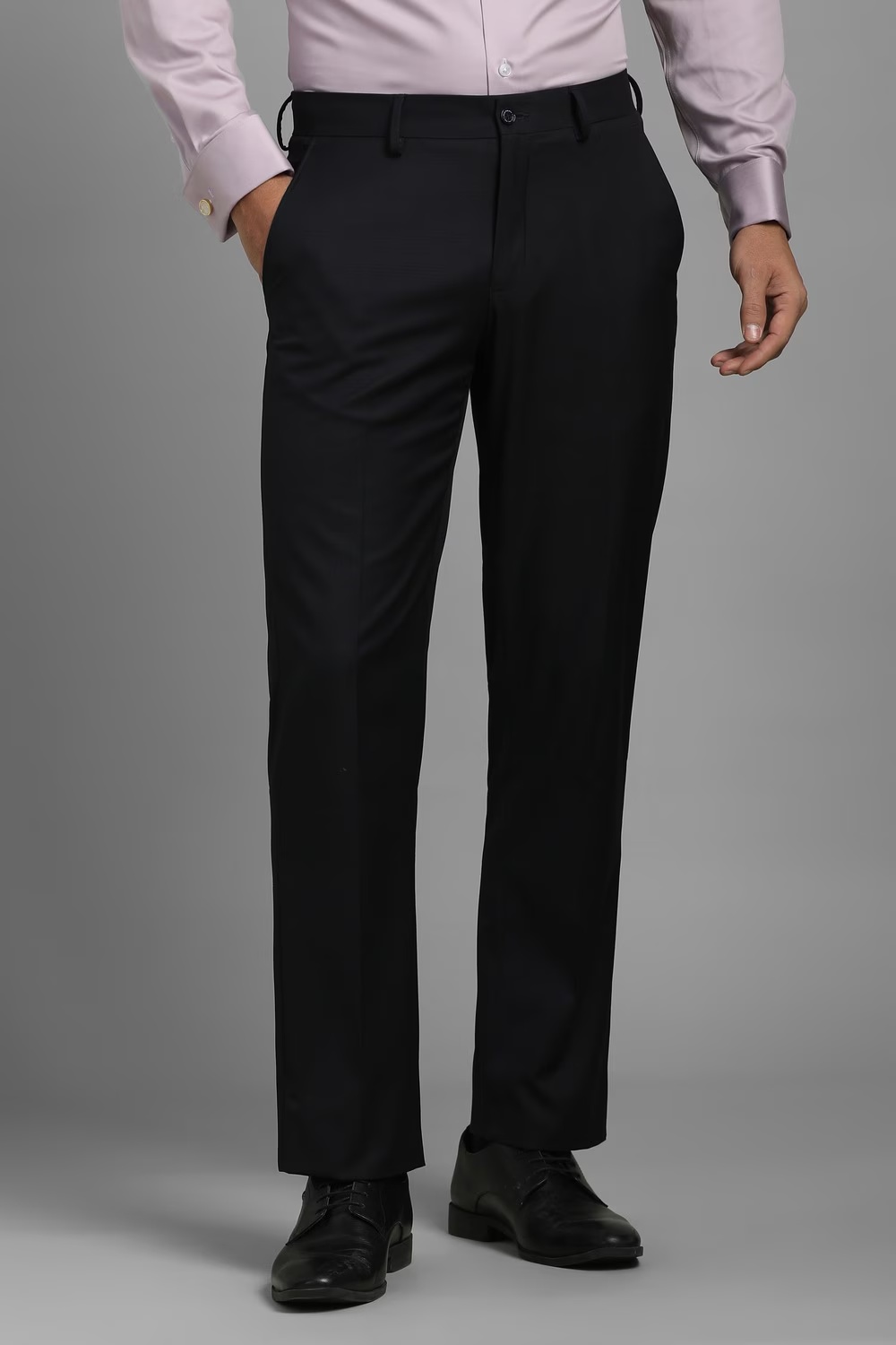 Men Black Textured Flat Front Formal Trousers-Black