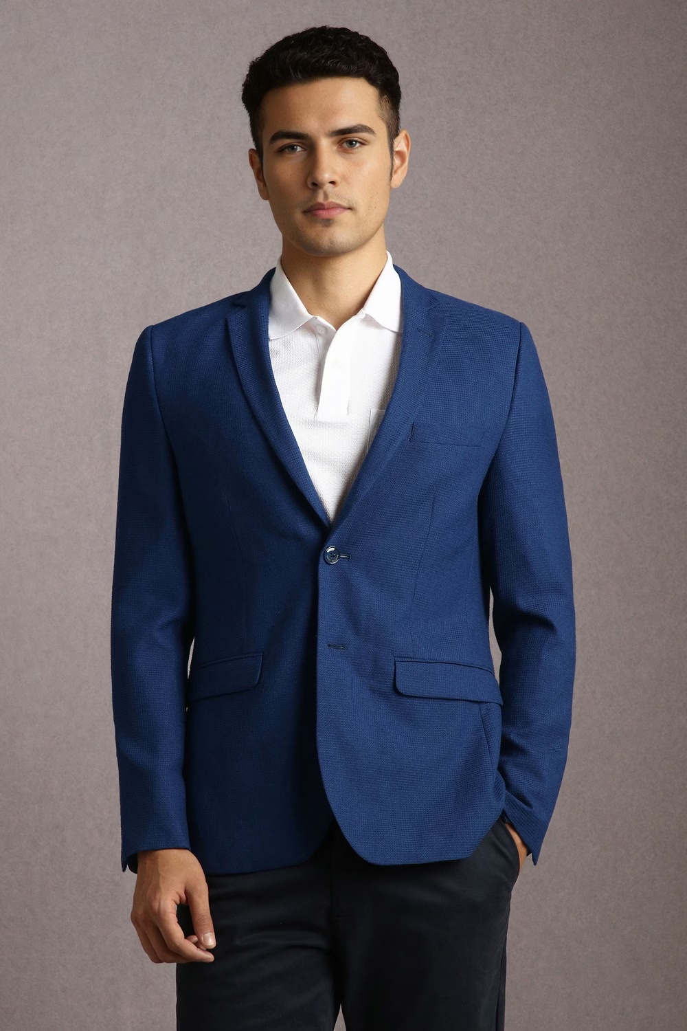 Men Navy Textured Casual Blazer-Navy
