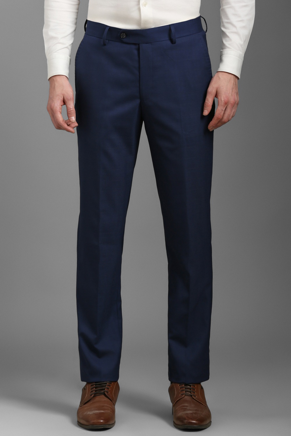 Men Navy Slim Fit Check Flat Front Formal Trousers-Navy