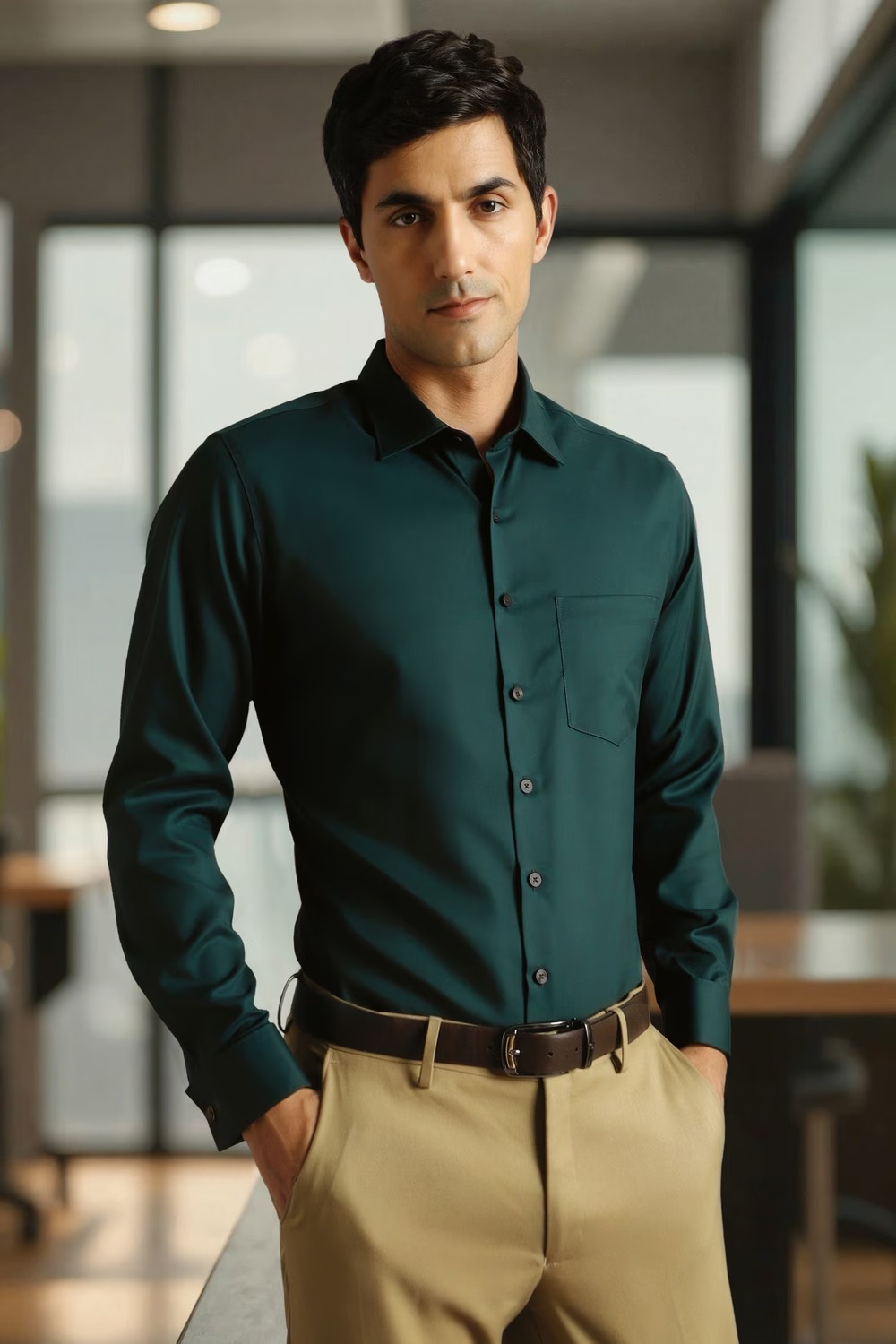 Men Green Solid Full Sleeves Formal Shirt-Green