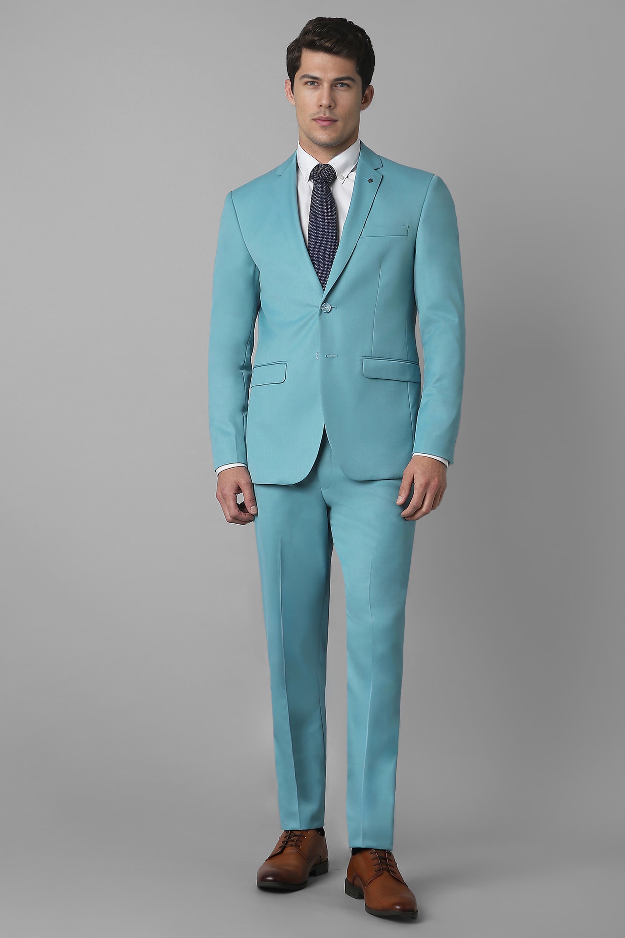 Men Blue Slim Fit Solid Formal Two Piece Suit-Blue