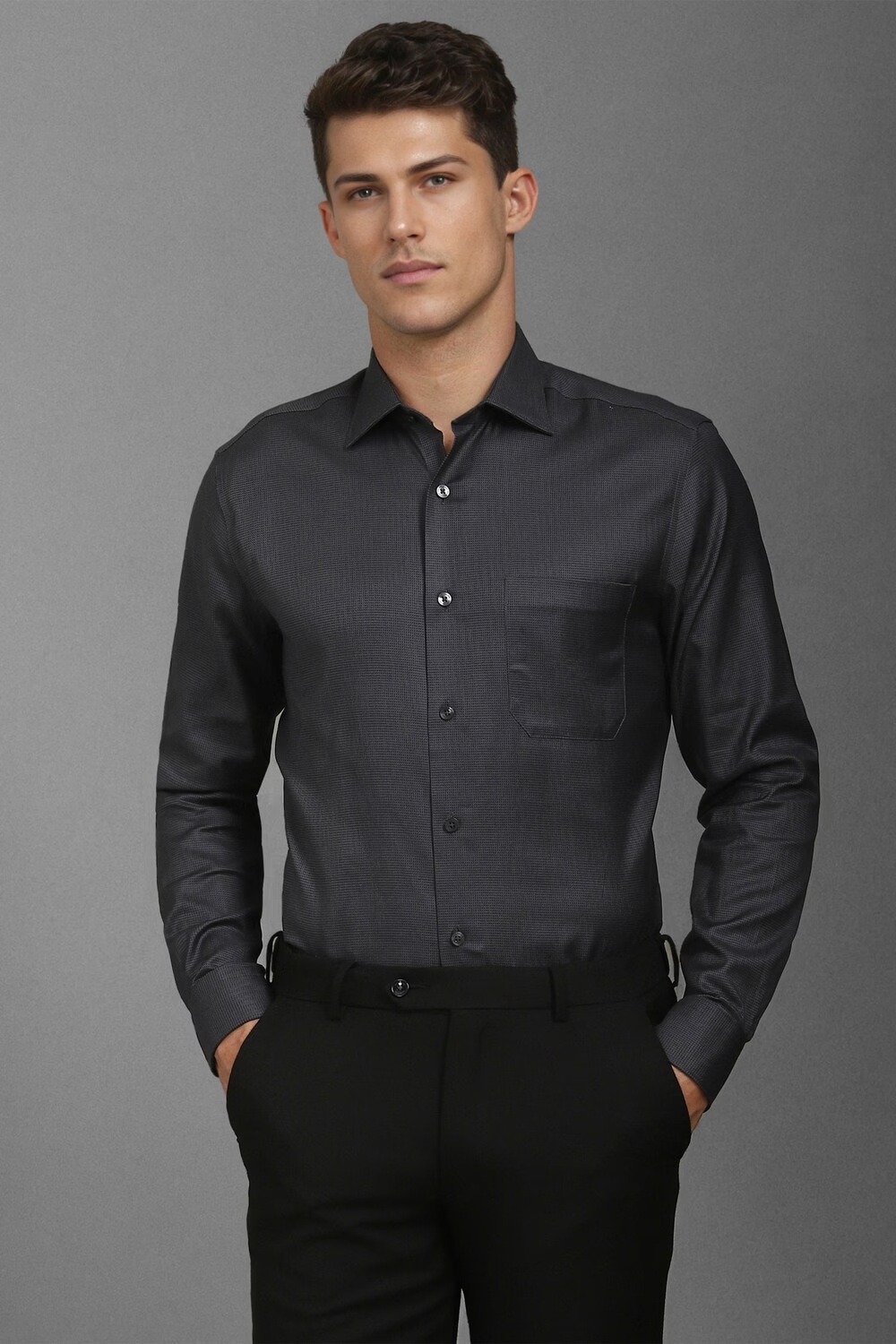 Men Black Classic Fit Textured Full Sleeves Formal Shirt-Black