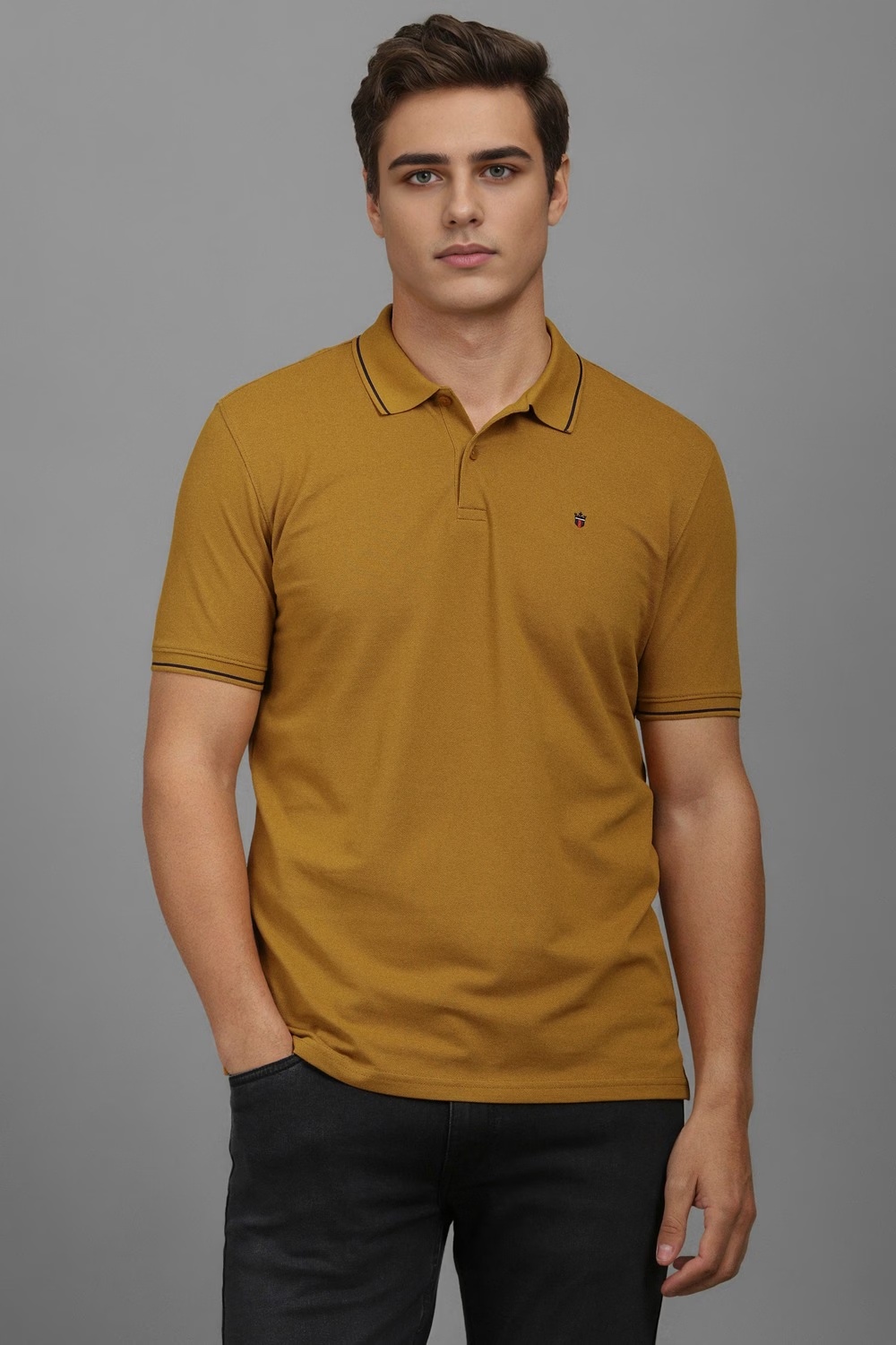 Men Yellow Solid Polo Neck T-shirt-Yellow