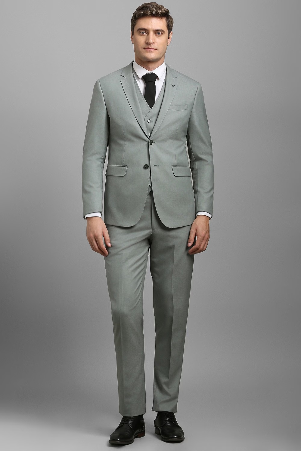 Men Grey Textured Formal Three Piece Suit-Grey