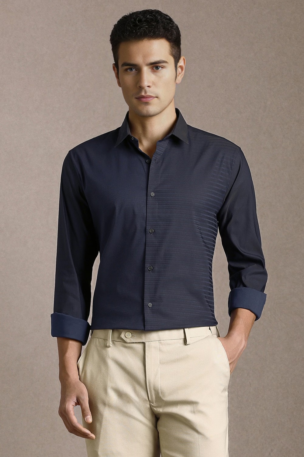 Men Navy Stripe Full Sleeves Casual Shirt-Navy