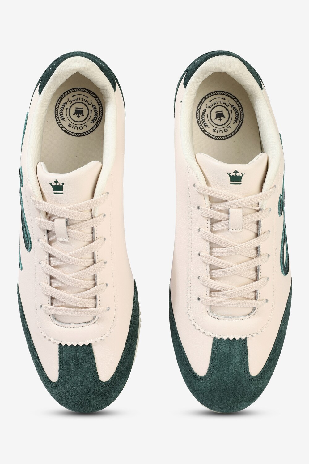 Men Cream and Green Leather Sneakers with Signature Branding-Cream