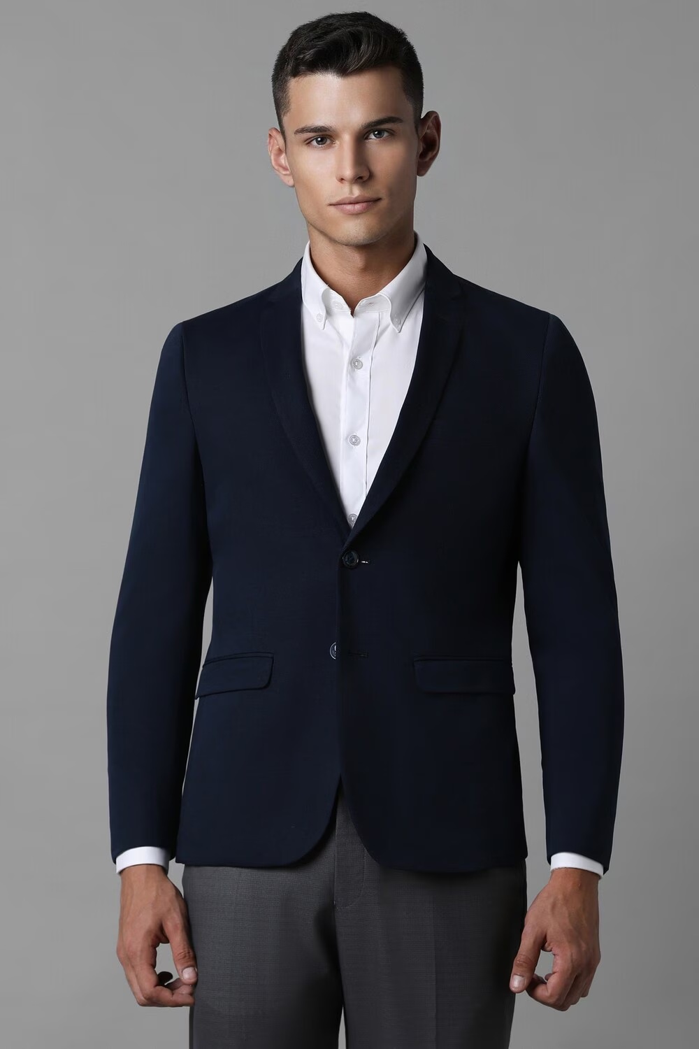 Men Navy Super Slim Fit Textured Casual Blazer-Navy
