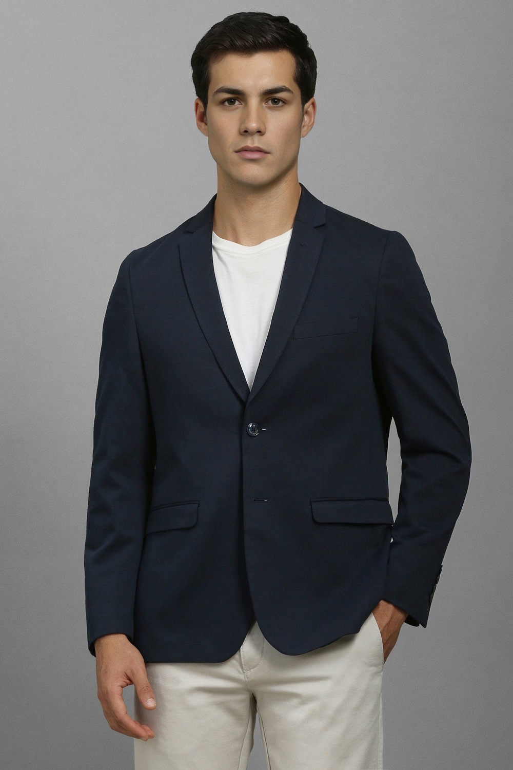 Men Navy Super Slim Fit Textured Casual Blazer-Navy