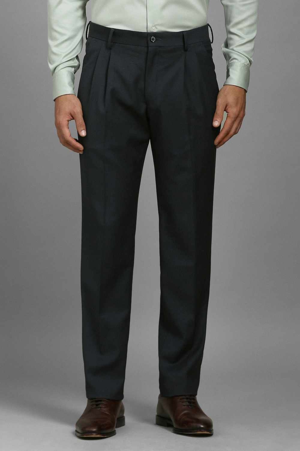 Men Navy Regular Fit Textured Pleated Formal Trousers-Navy