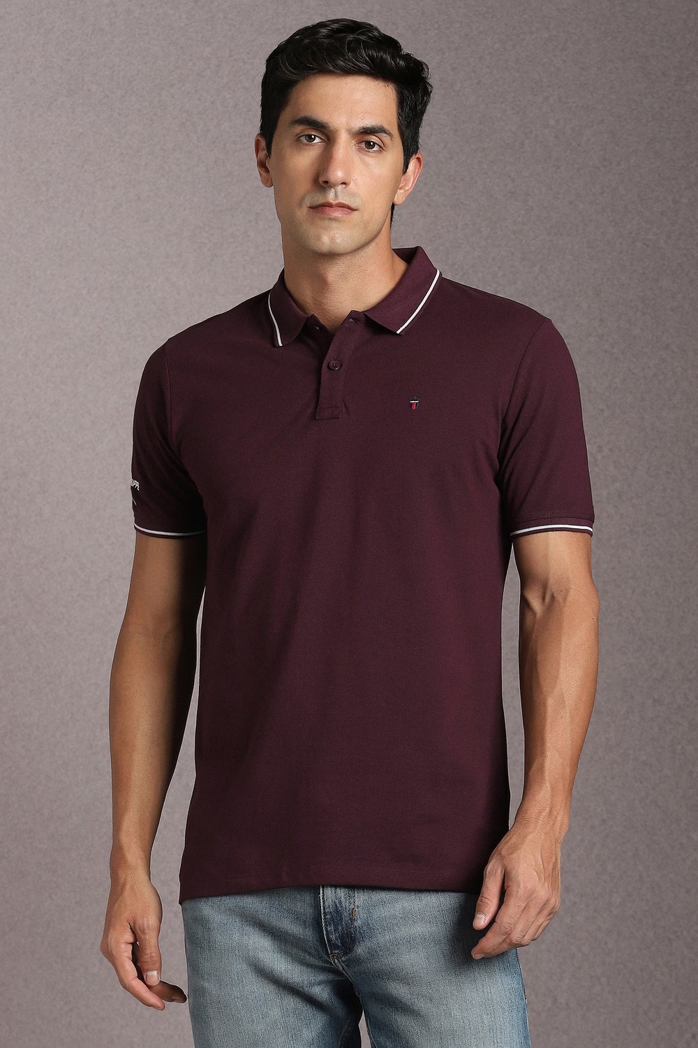 Men Maroon Textured Polo Neck T-shirt-Maroon