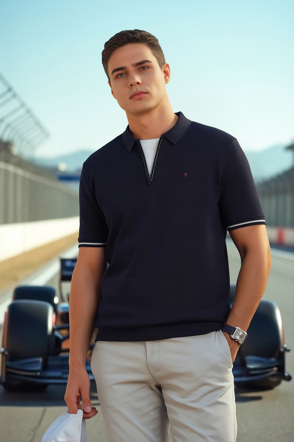 Men Navy Solid Polo Neck T-shirt-Navy