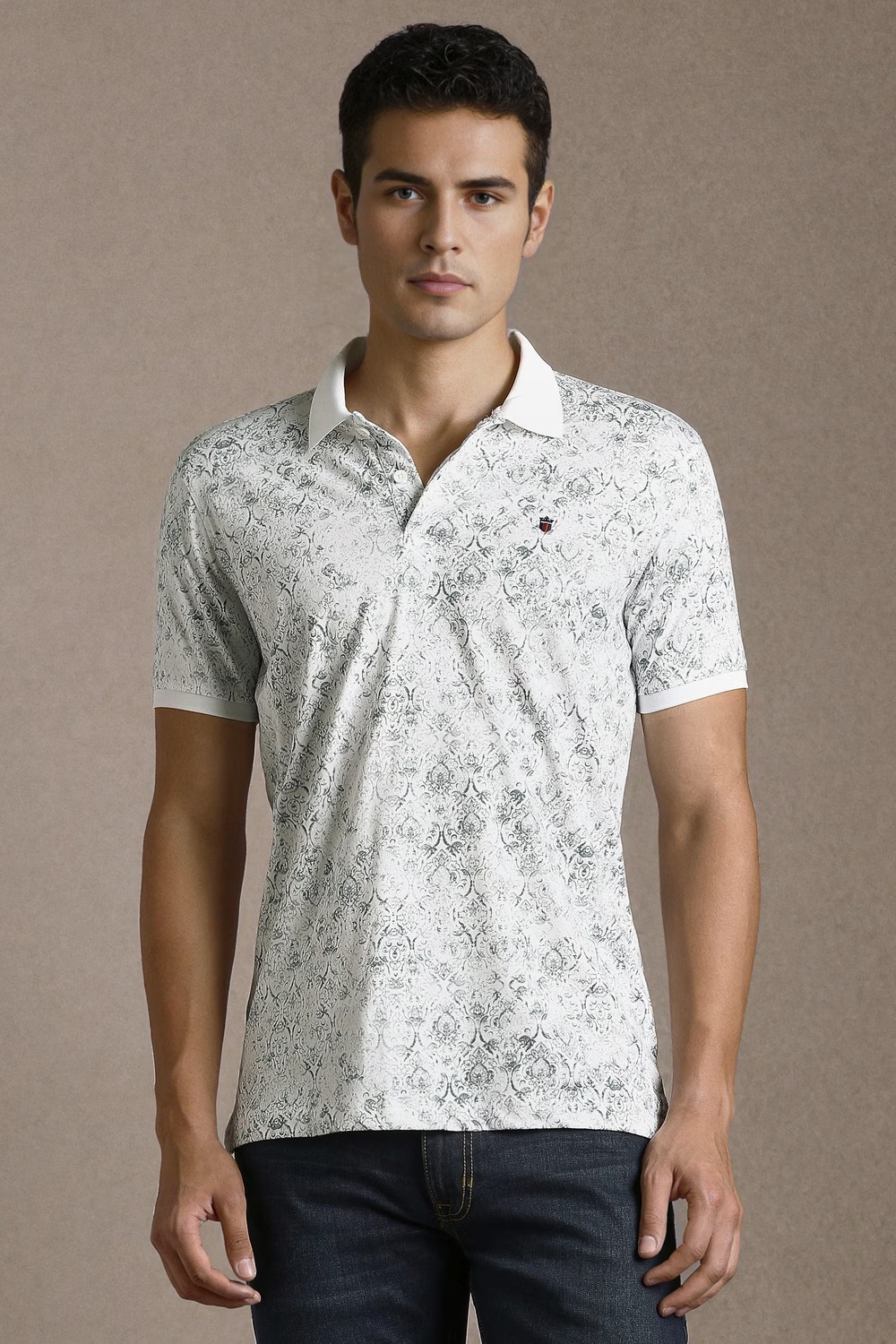 Men White Print Polo Neck T-shirt-White