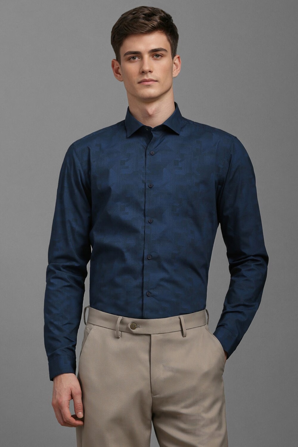 Men Navy Super Slim Fit Print Full Sleeves Formal Shirt-Navy