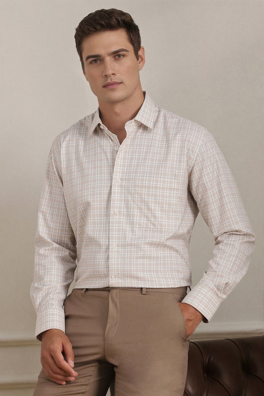 Men Beige Check Full Sleeves Formal Shirt-Beige