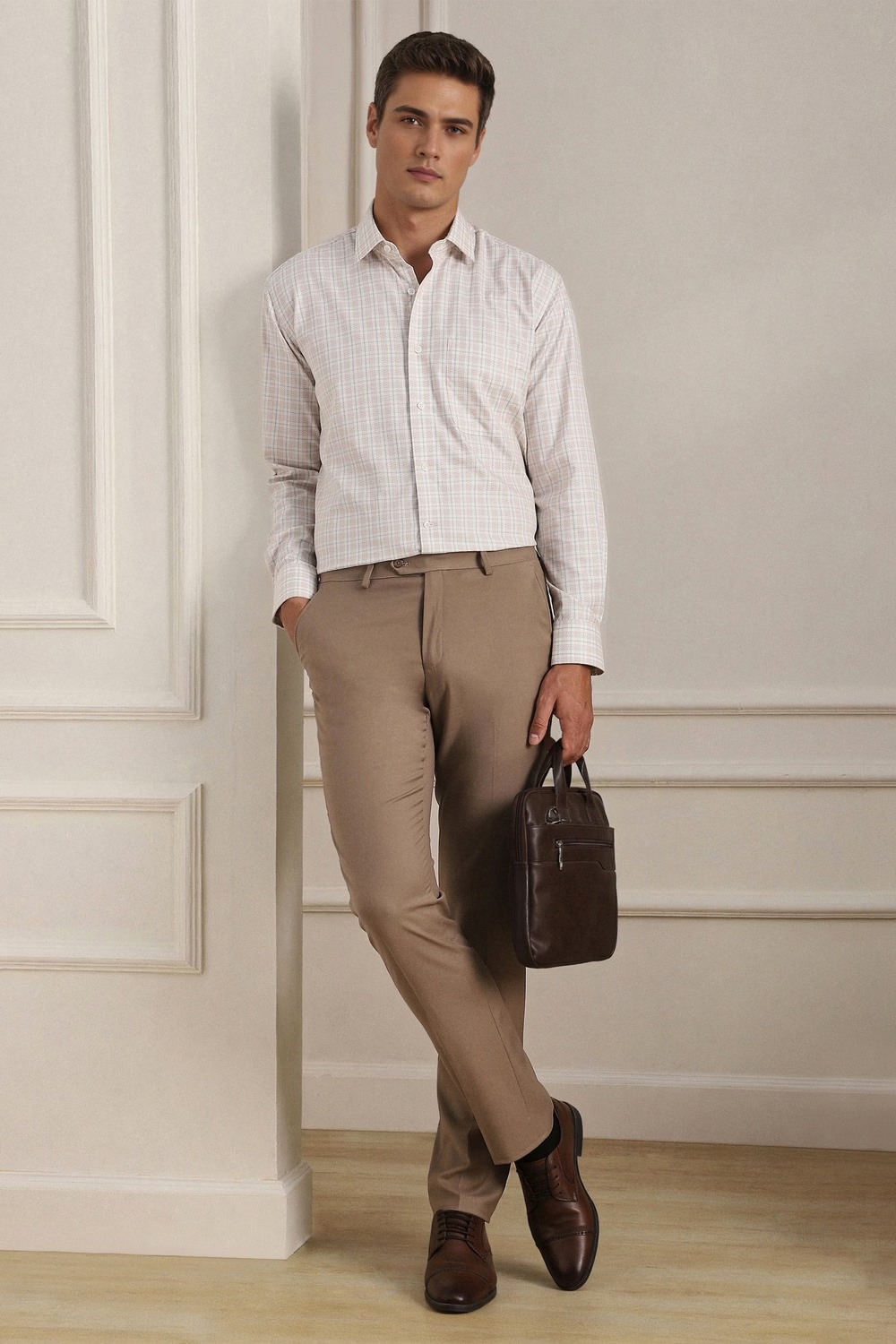 Men Beige Check Full Sleeves Formal Shirt-Beige