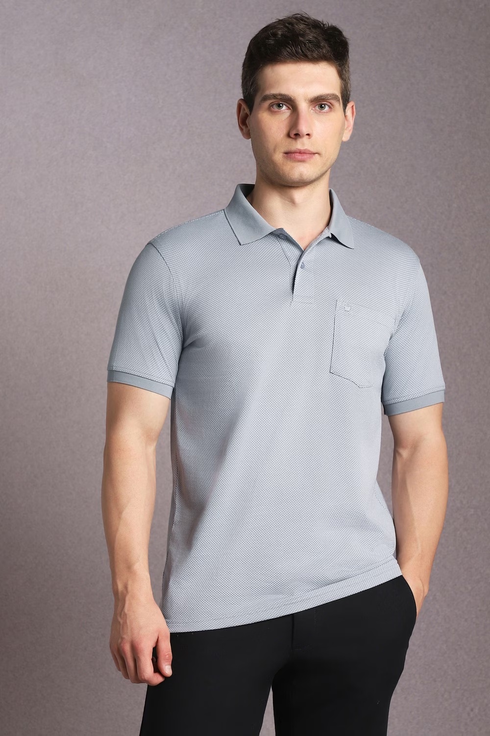 Men Grey Textured Polo Neck T-shirt-Grey