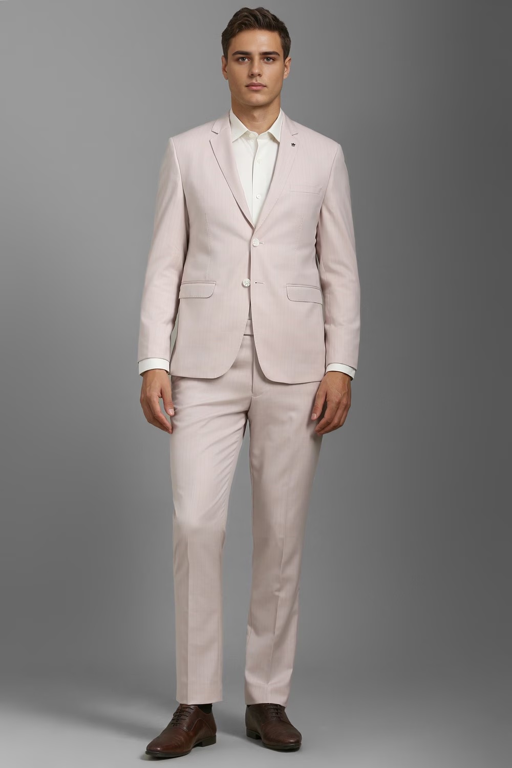 Men Pink Slim Fit Stripe Formal Two Piece Suit-Pink