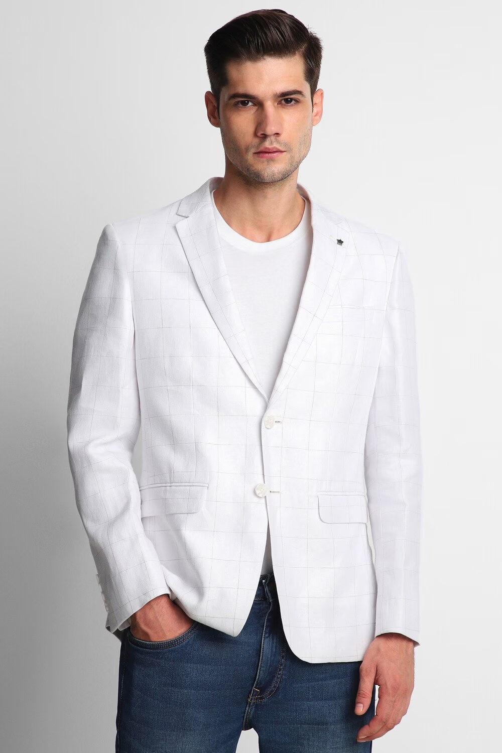 Men White Slim Fit Check Formal Blazer-White