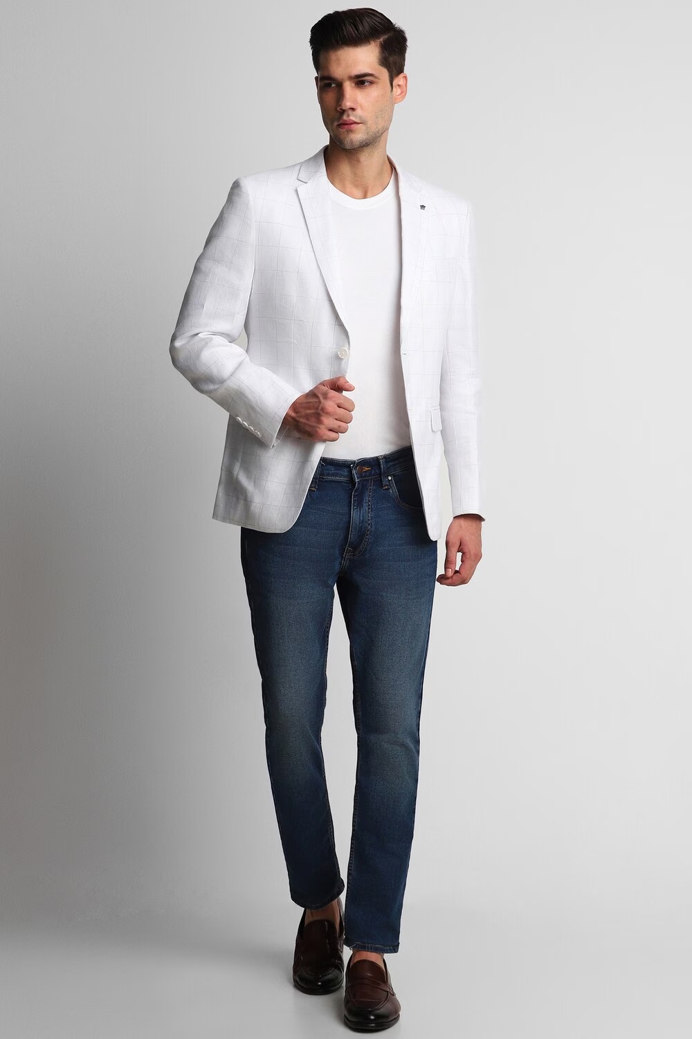Men White Slim Fit Check Formal Blazer-White