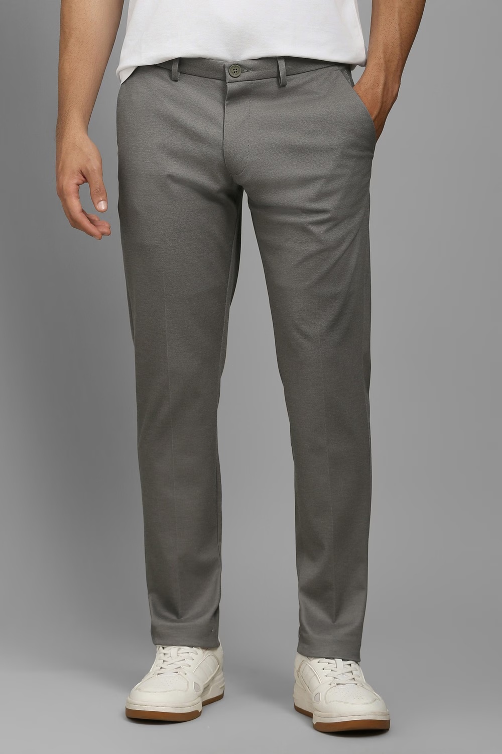 Men Grey Contemporary Fit Textured Flat Front Casual Trousers-Grey