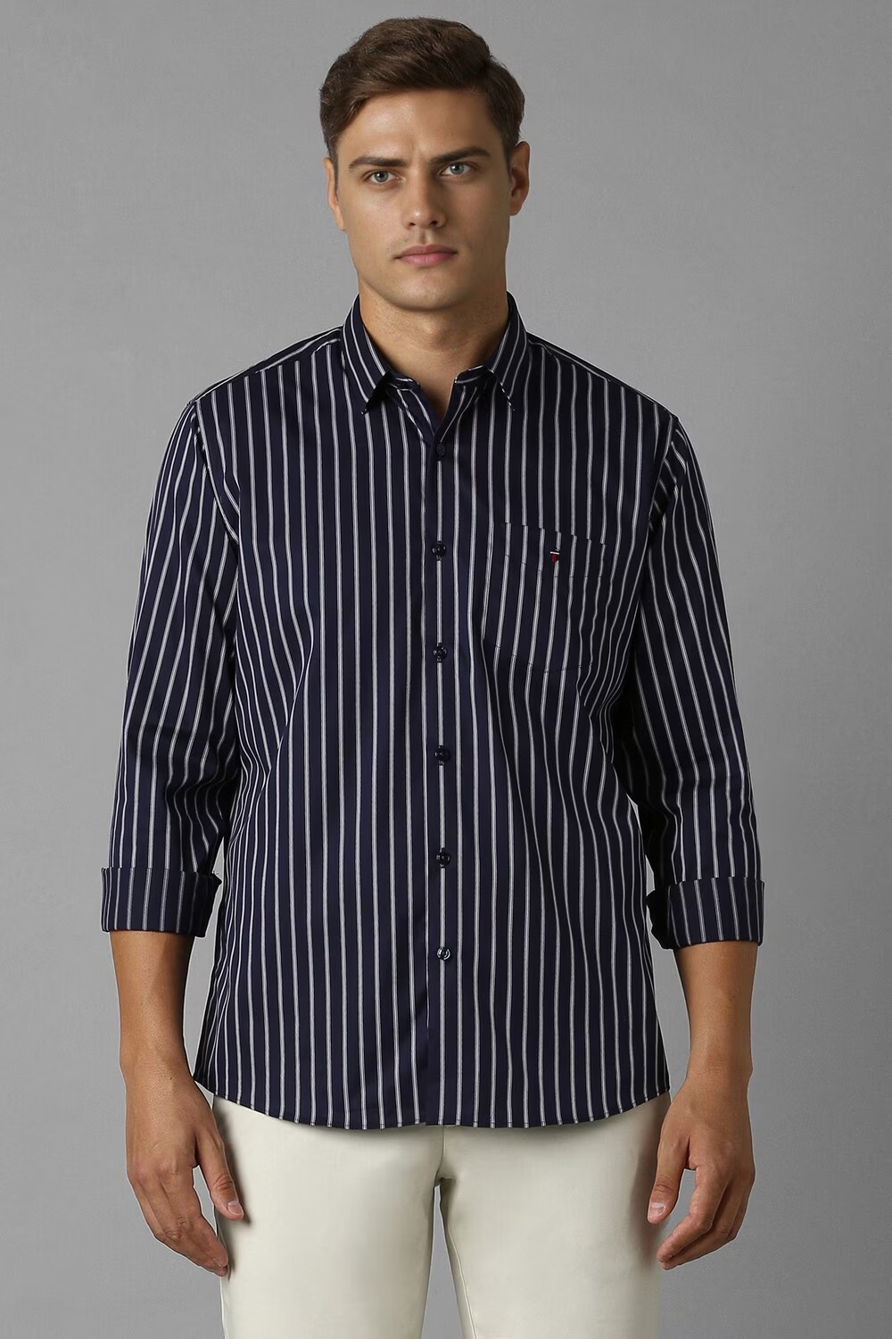 Men Navy Slim Fit Stripe Full Sleeves Casual Shirt-Navy