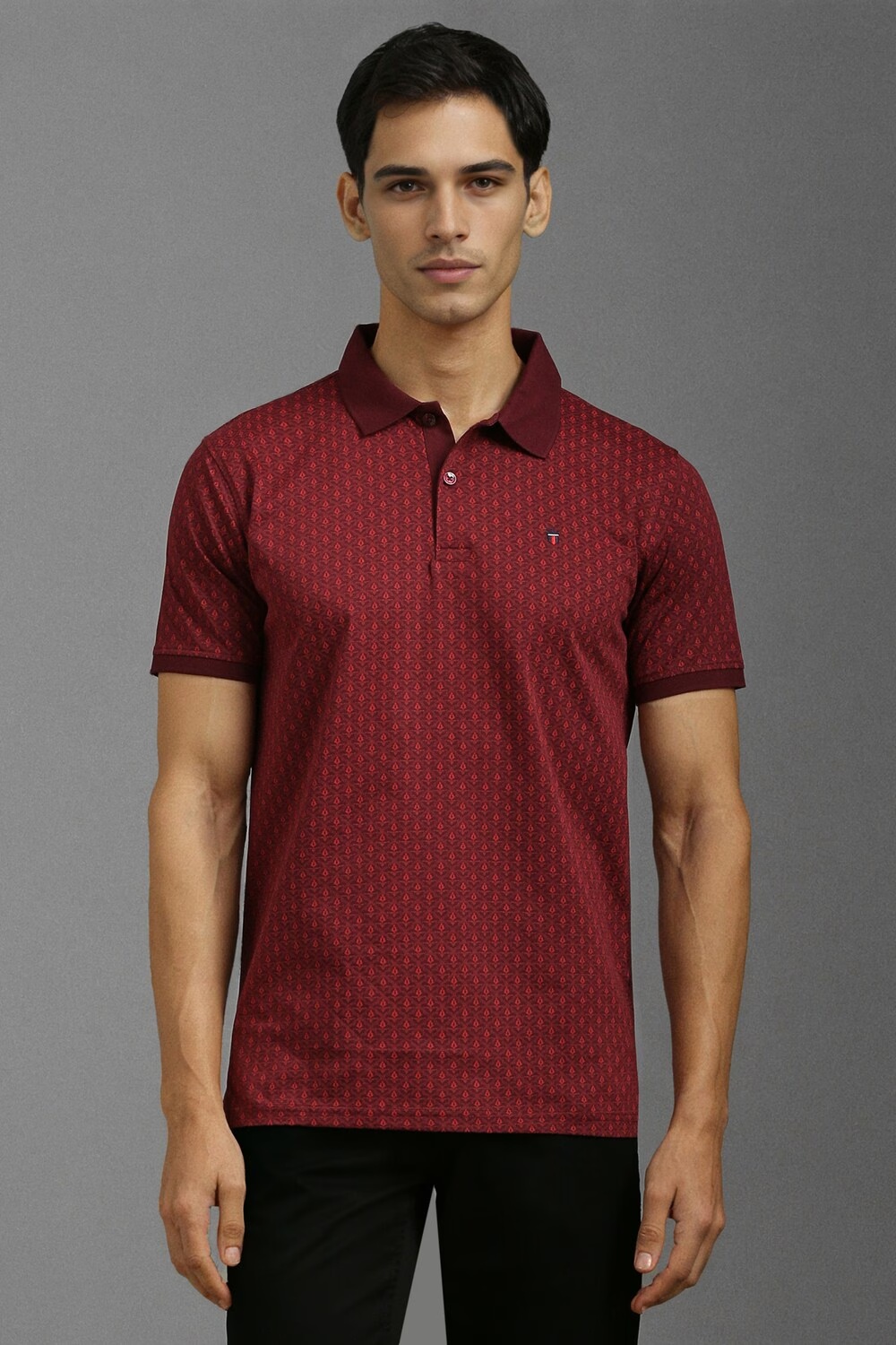 Men Maroon Print Polo Neck T-shirt-Maroon