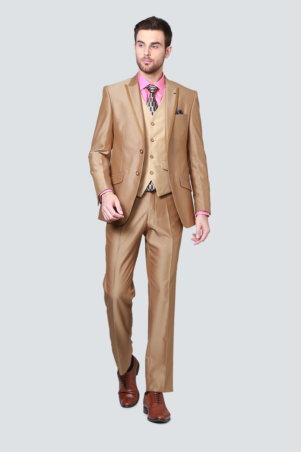 Men Brown Solid Formal Three Piece Suit-Brown