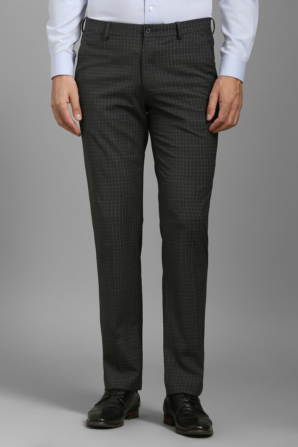 Men Grey Check Flat Front Formal Trousers-Grey