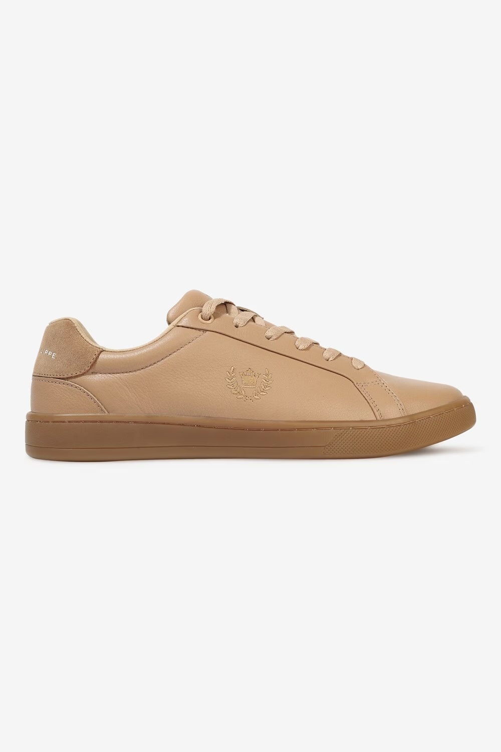 Men Tan Leather Sneakers with Crest Embroidery-Tan