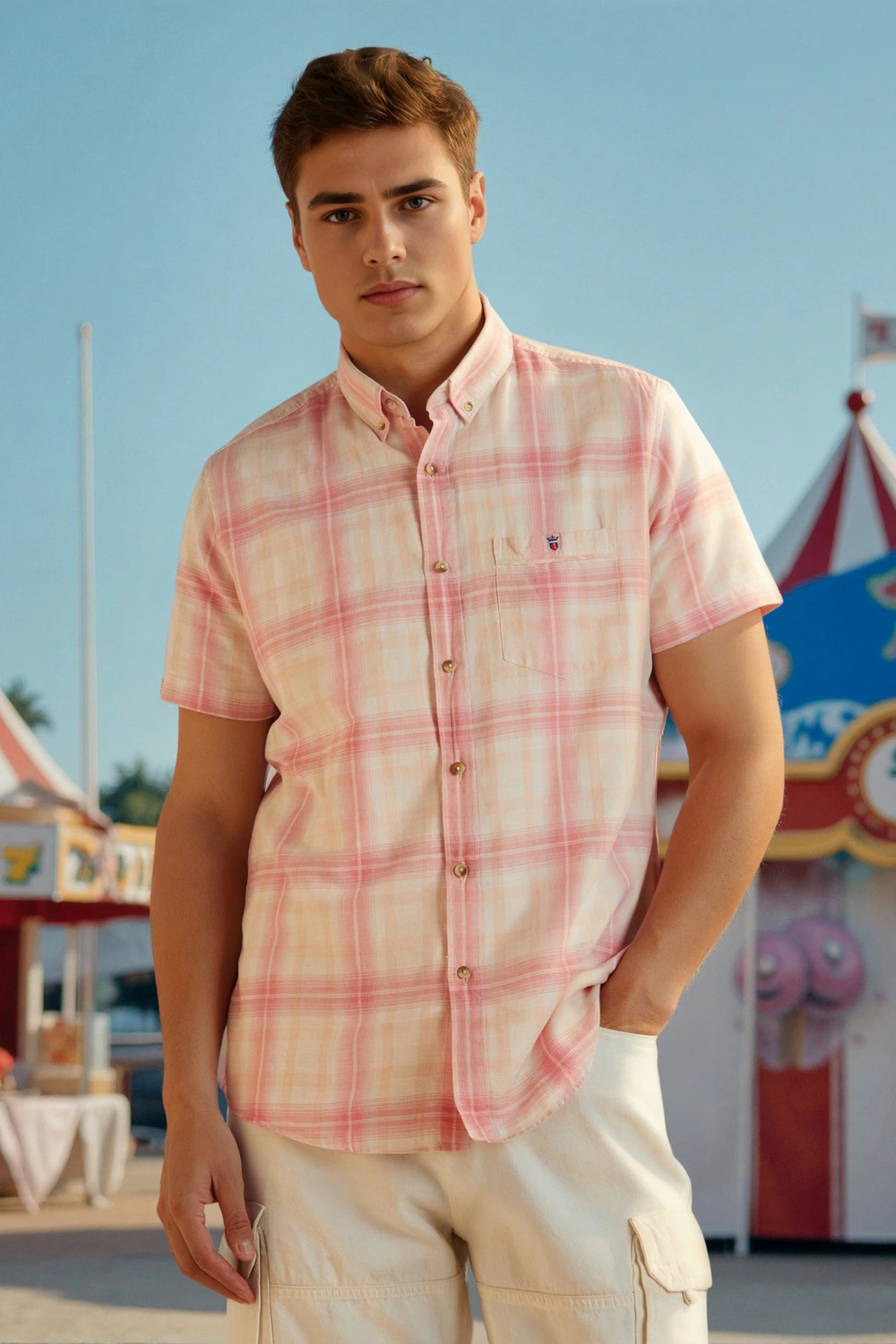 Men Pink Slim Fit Check Half Sleeves Casual Shirt-Pink