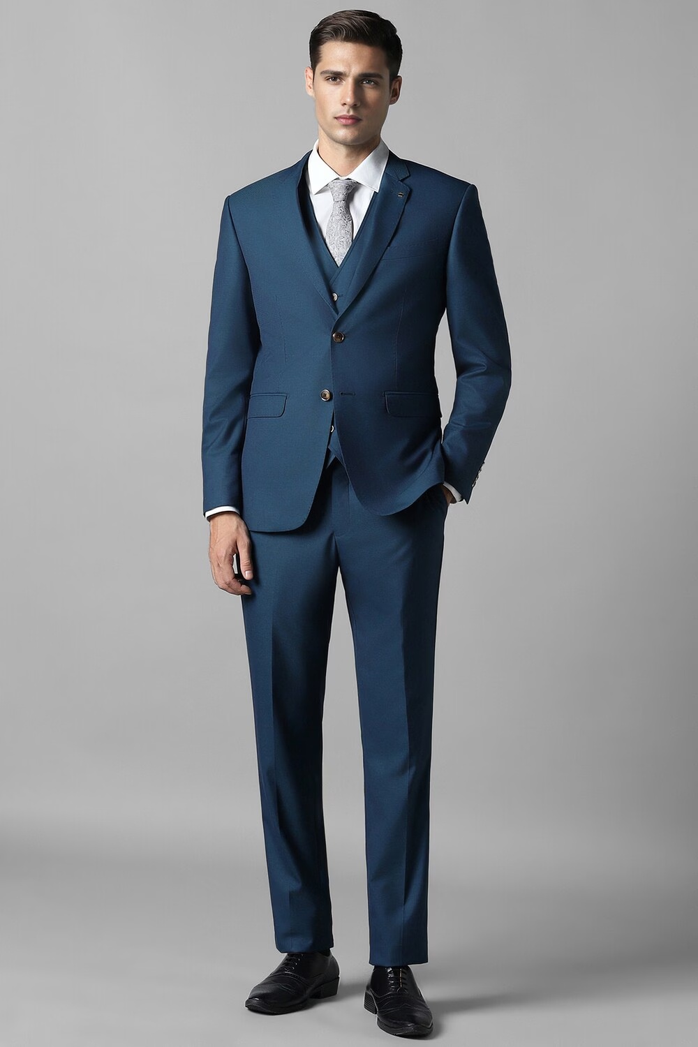 Men Navy Slim Fit Textured Formal Three Piece Suit-Navy