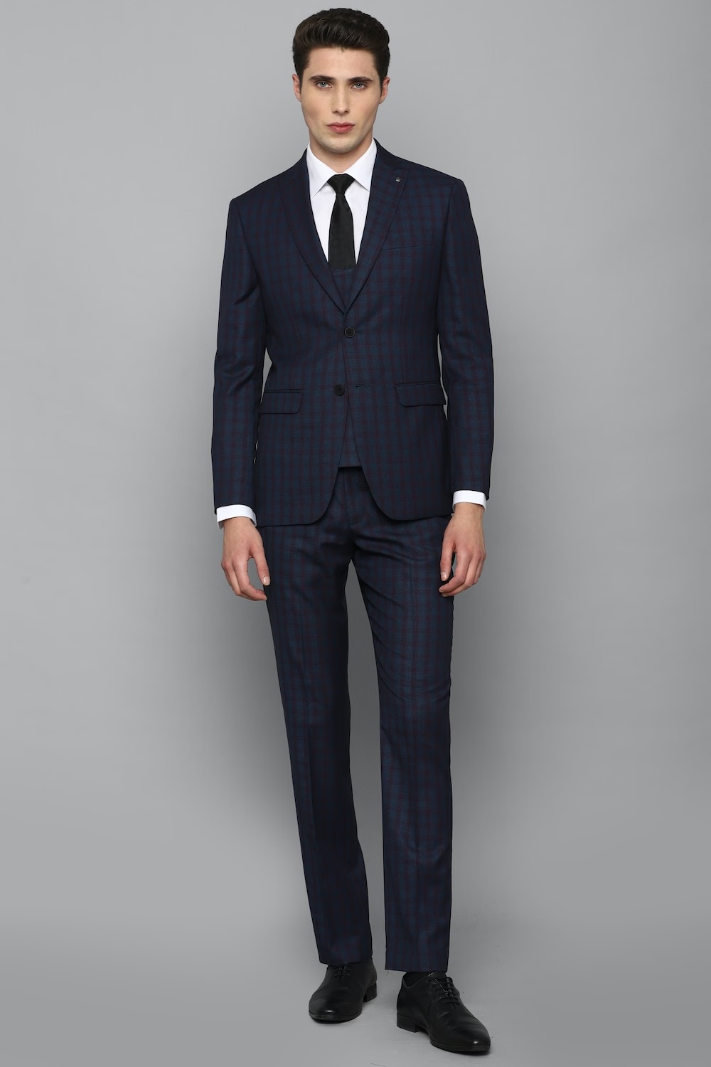 Men Navy Slim Fit Check Formal Three Piece Suit-Navy