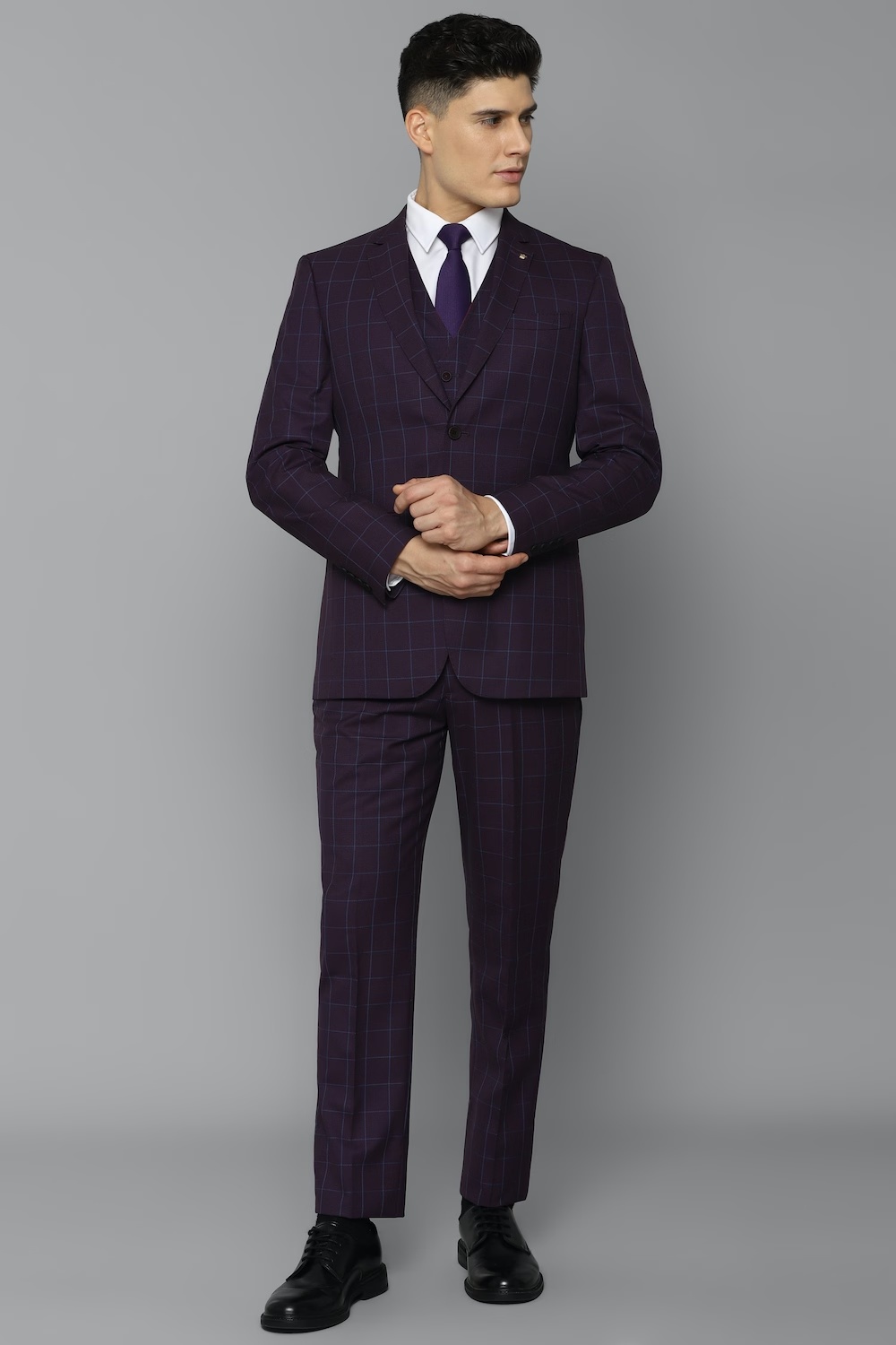 Men Purple Slim Fit Check Formal Three Piece Suit-Purple