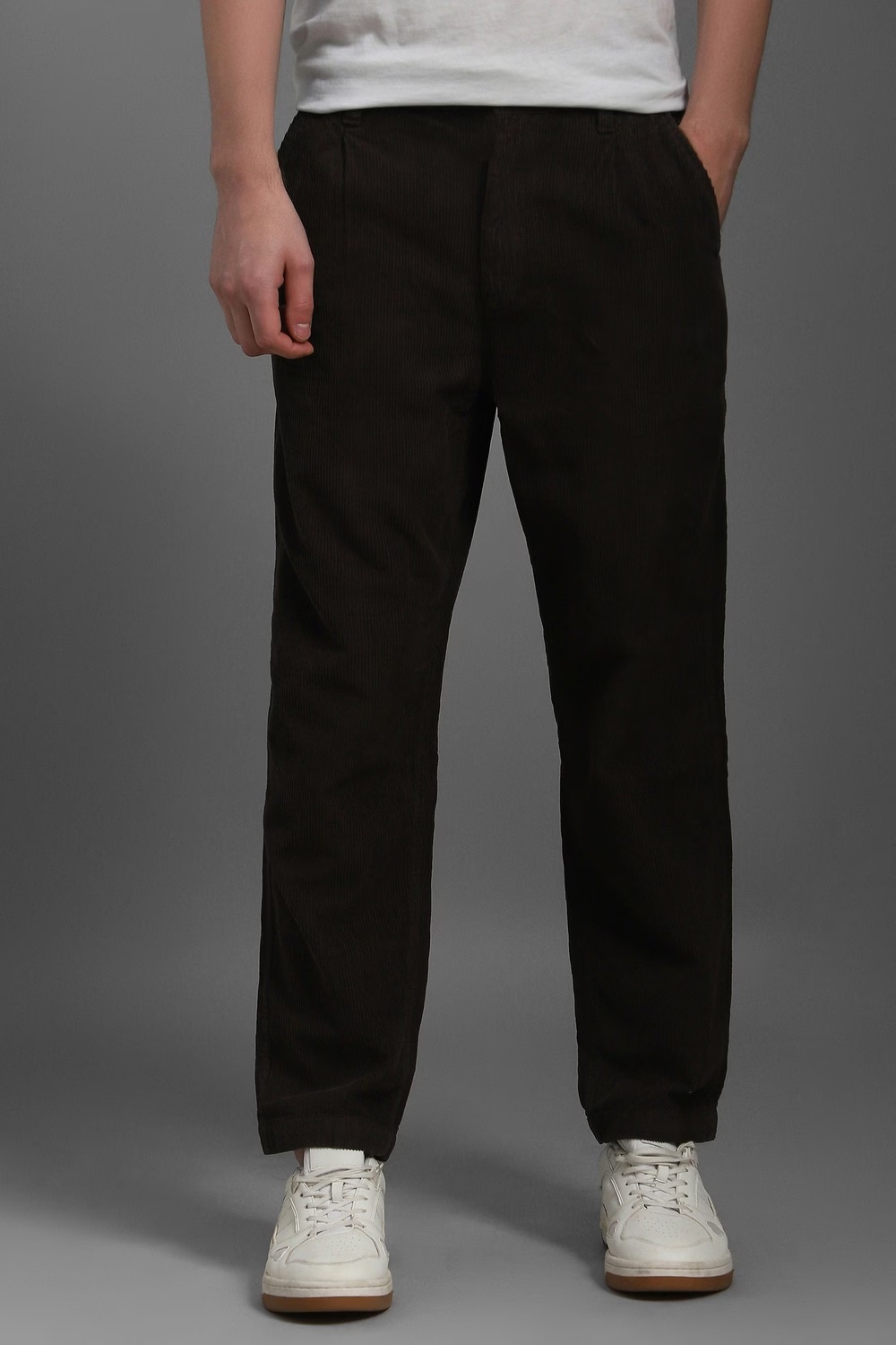Men Brown Regular Fit Textured Pleated Casual Corduroy Trousers-Brown