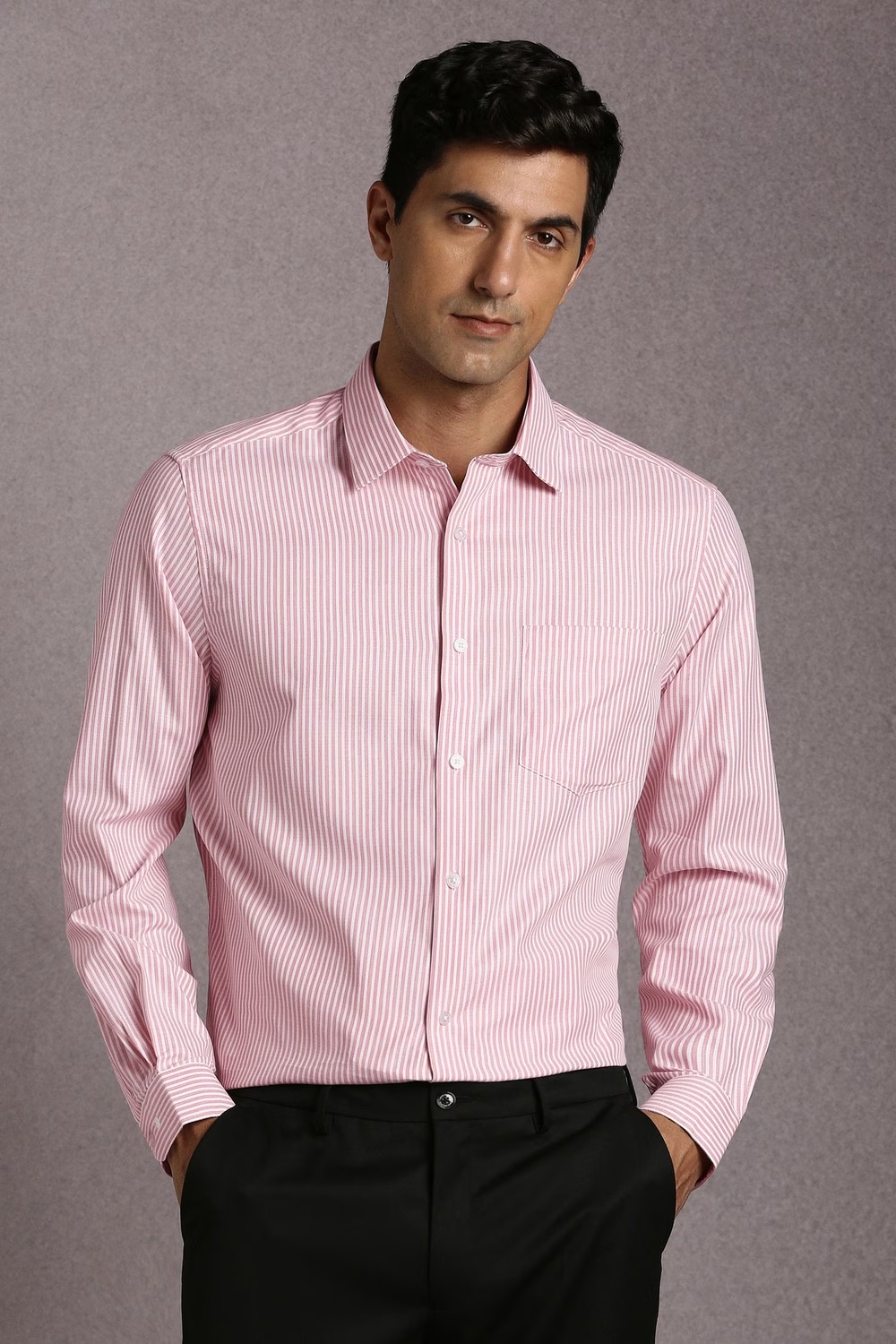 Men Pink Stripe Full Sleeves Formal Shirt-Pink