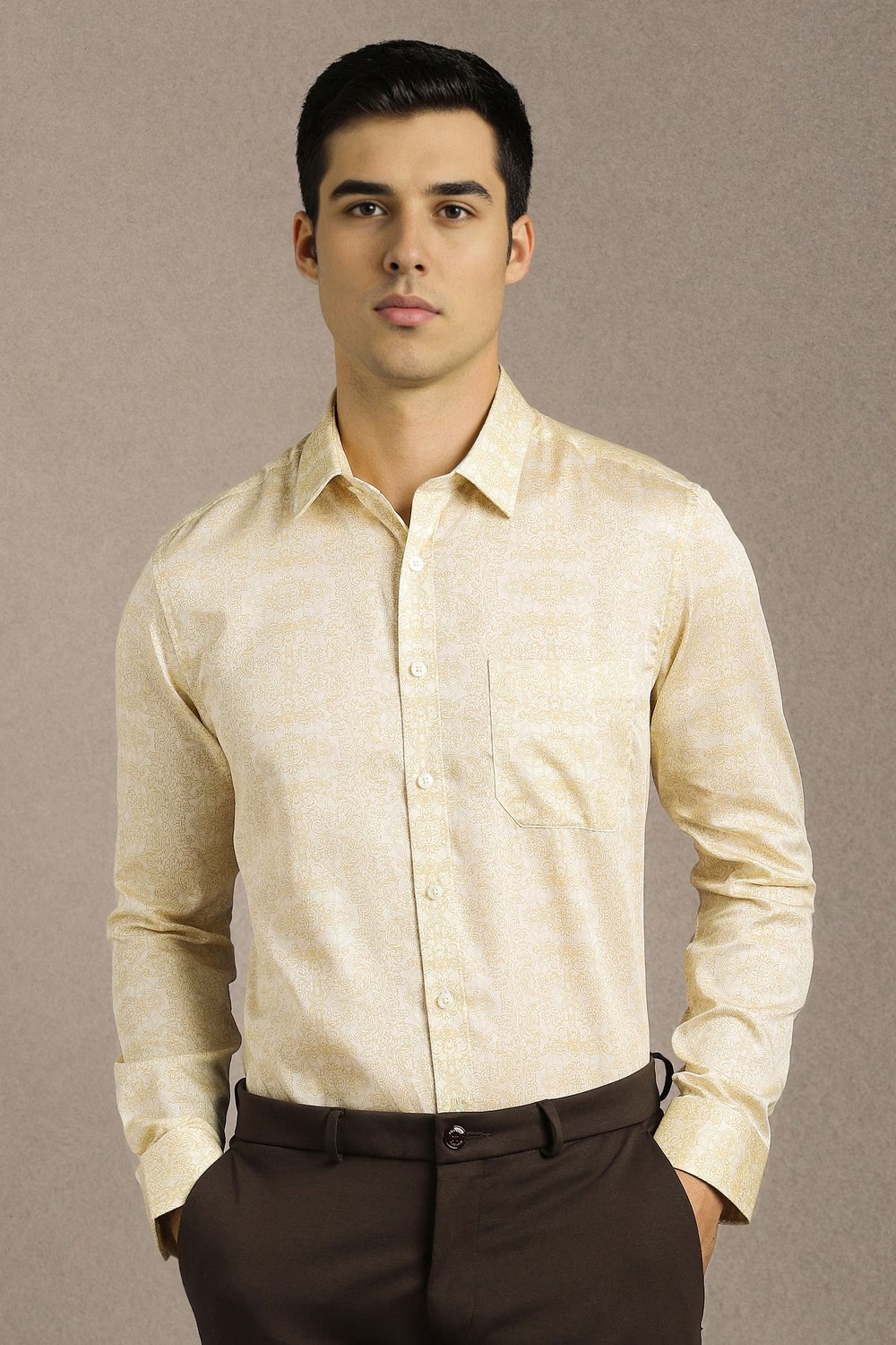 Men Beige Print Full Sleeves Formal Shirt-Beige