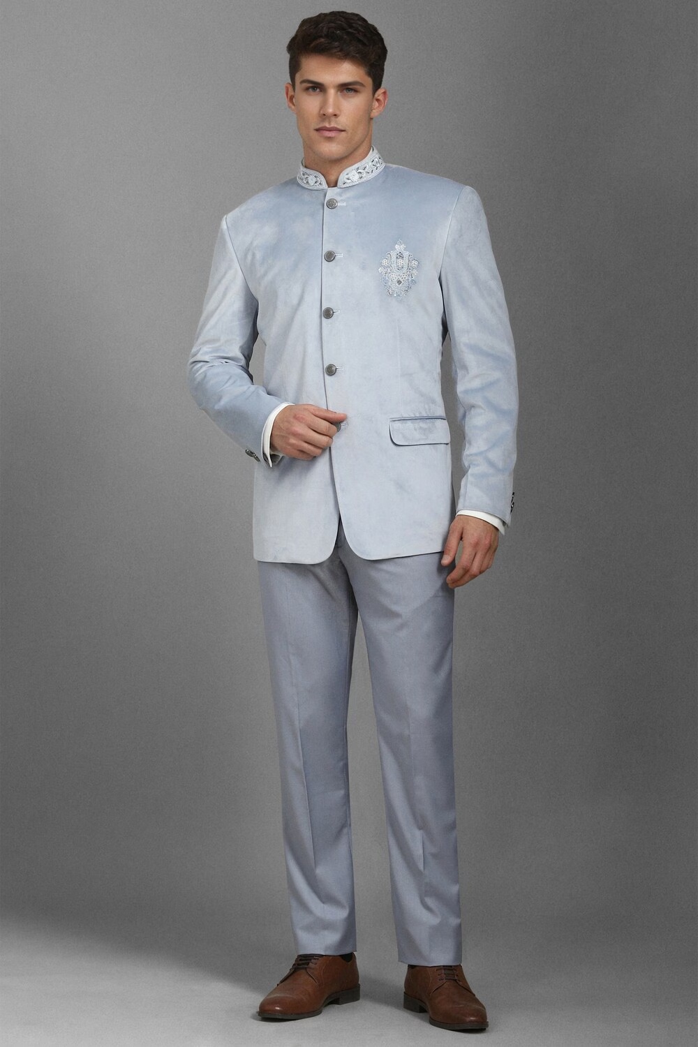 Men Blue Regular Fit Embellished Formal Two Piece Suit-Blue