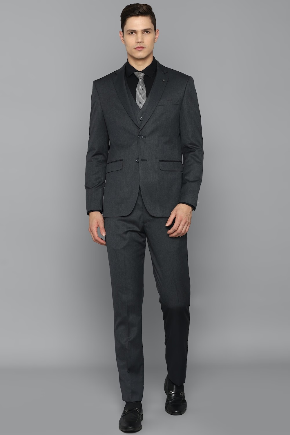 Men Grey Slim Fit Solid Formal Three Piece Suit-Grey