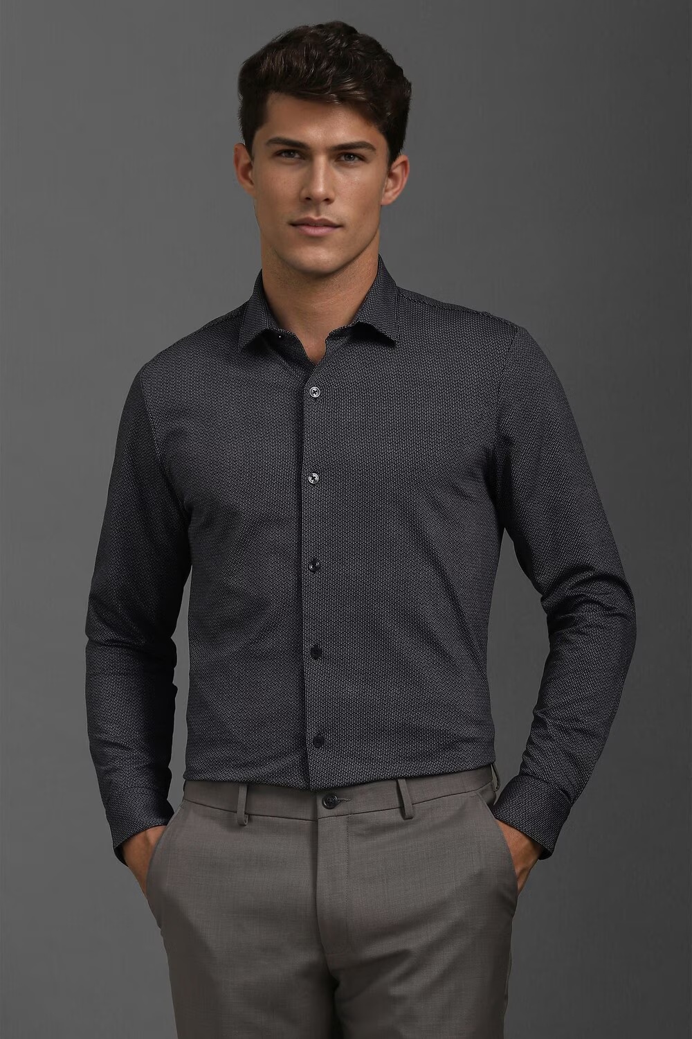 Men Black Slim Fit Print Full Sleeves Formal Shirt-Black