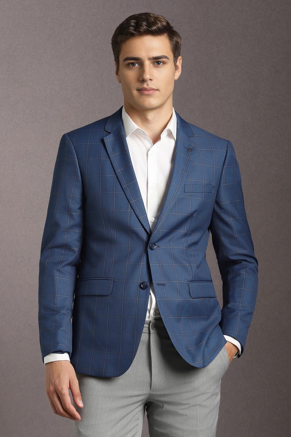 Men Blue Check Formal Blazer-Blue