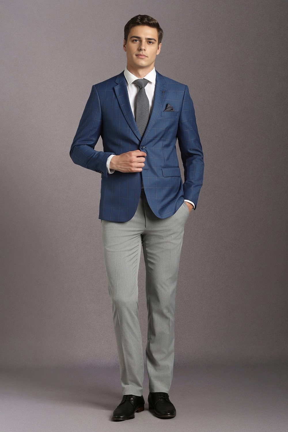 Men Blue Check Formal Blazer-Blue