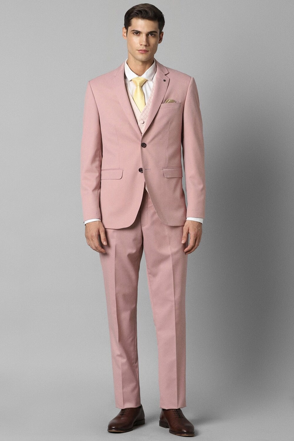 Men Pink Slim Fit Solid Formal Three Piece Suit-Pink