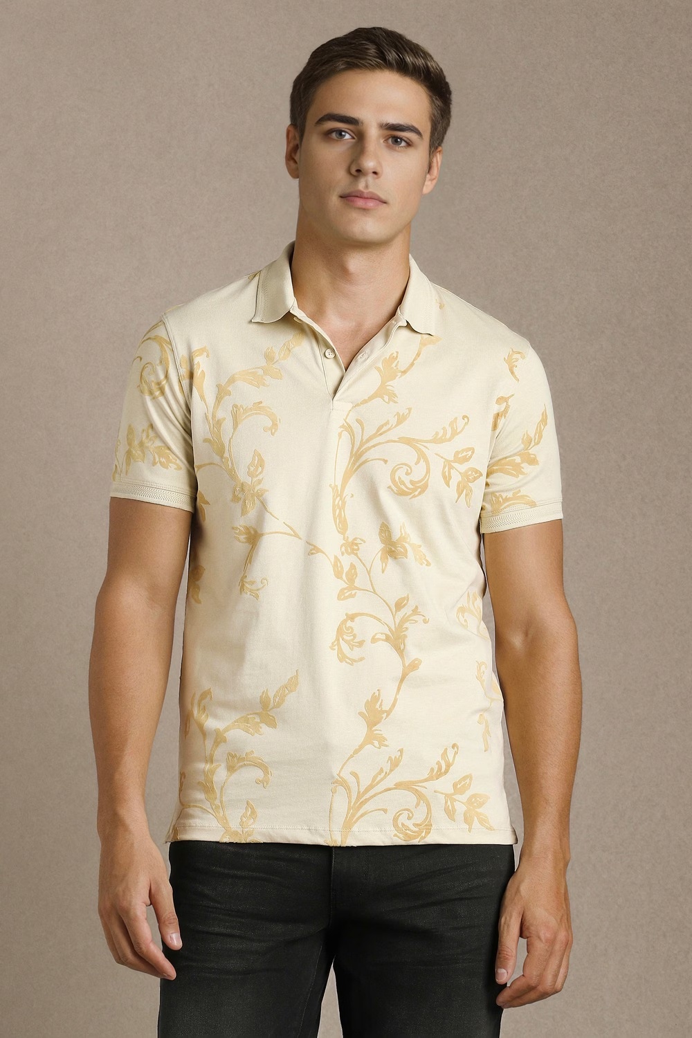 Men Beige Print Polo Neck T-shirt-Beige