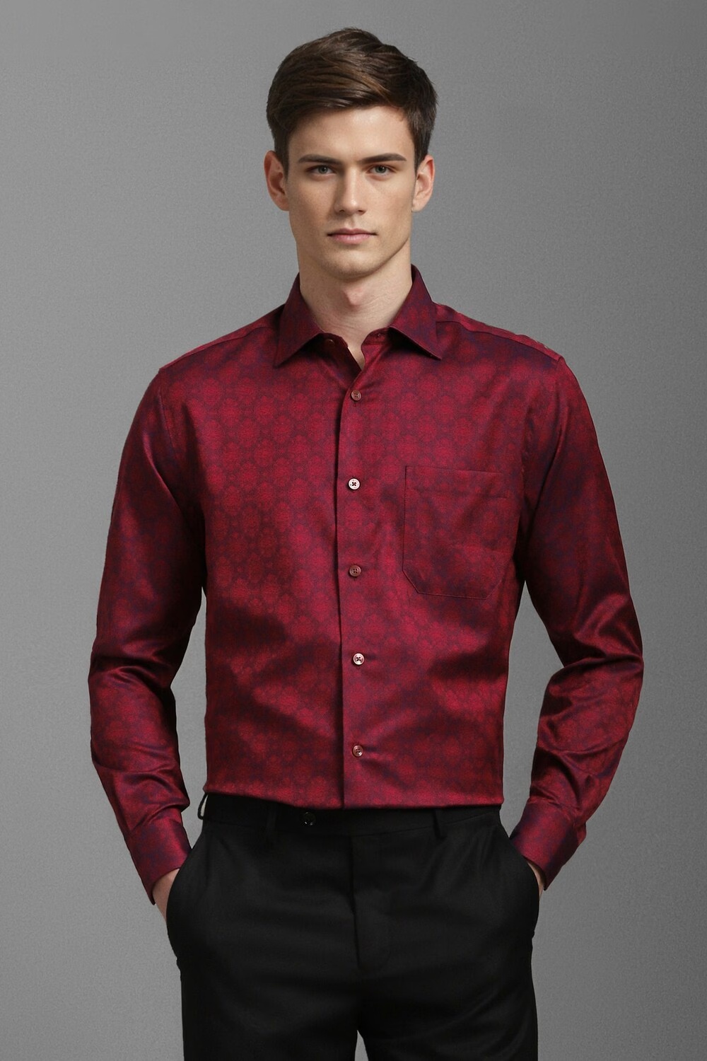 Men Red Classic Fit Print Full Sleeves Formal Shirt-Red