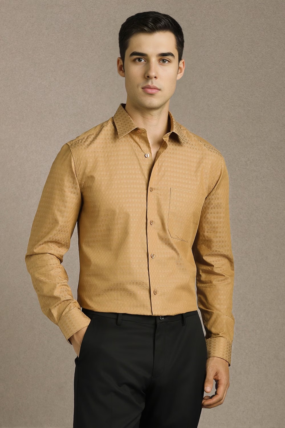 Men Khaki Textured Full Sleeves Formal Shirt-Khaki