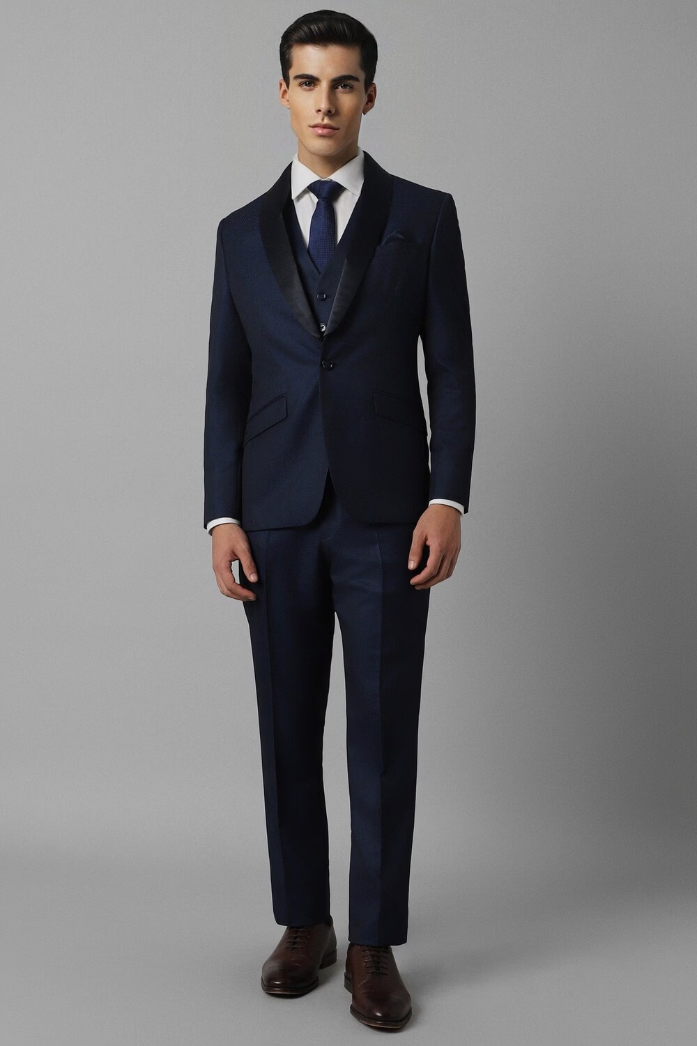 Men Navy Slim Fit Check Party Three Piece Suit-Navy
