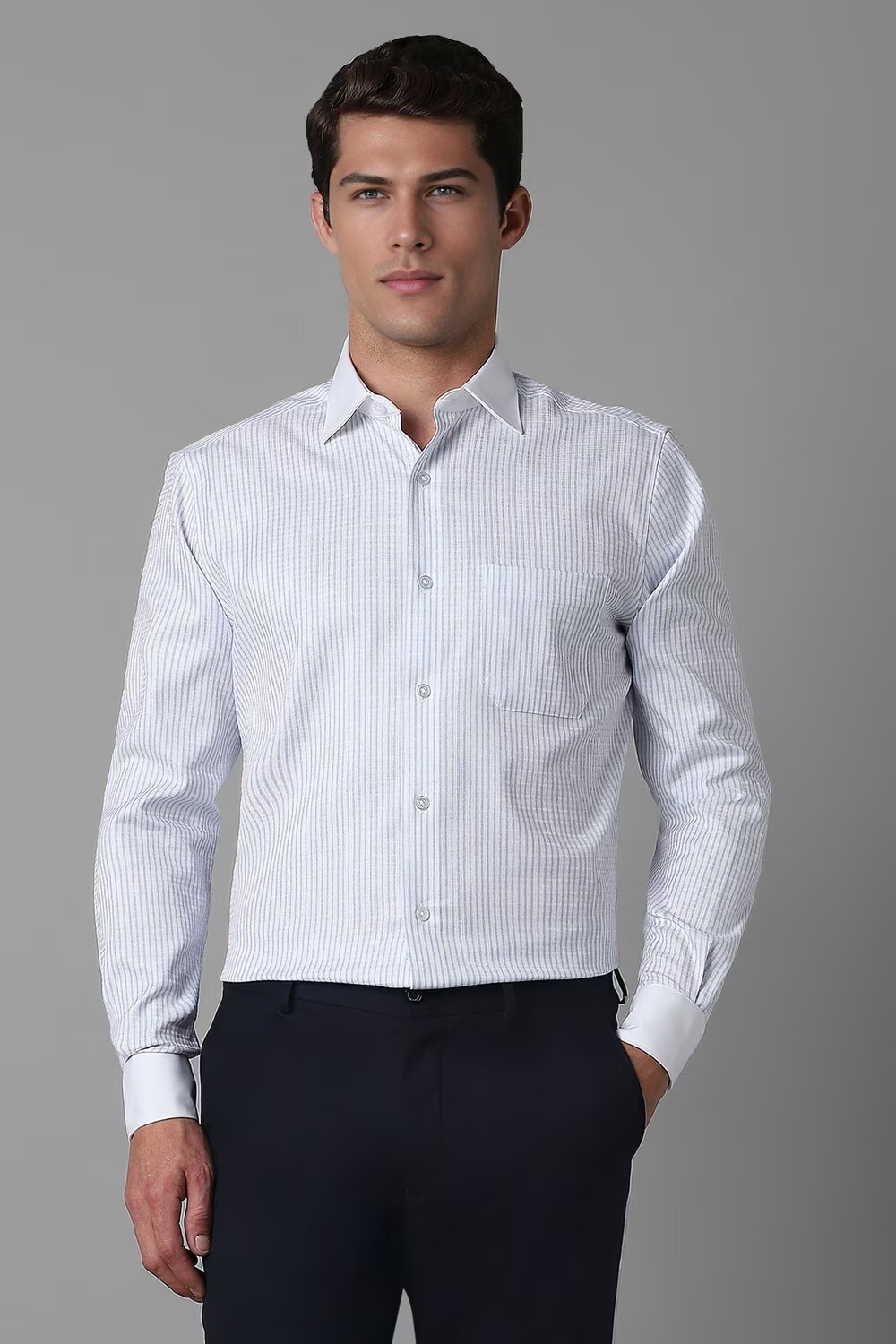 Men White Classic Fit Stripe Full Sleeves Formal Shirt-White