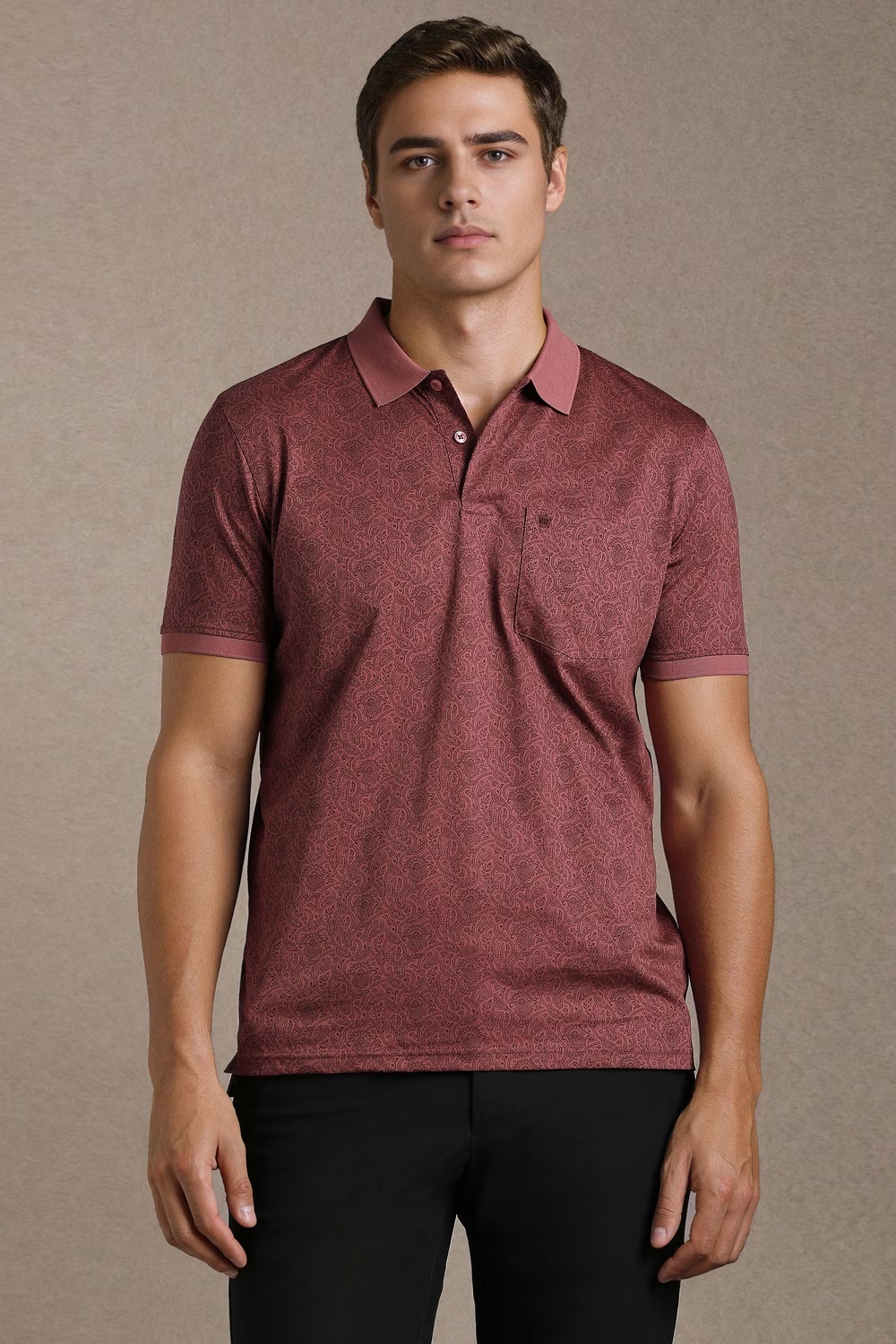 Men Maroon Print Polo Neck T-shirt-Maroon
