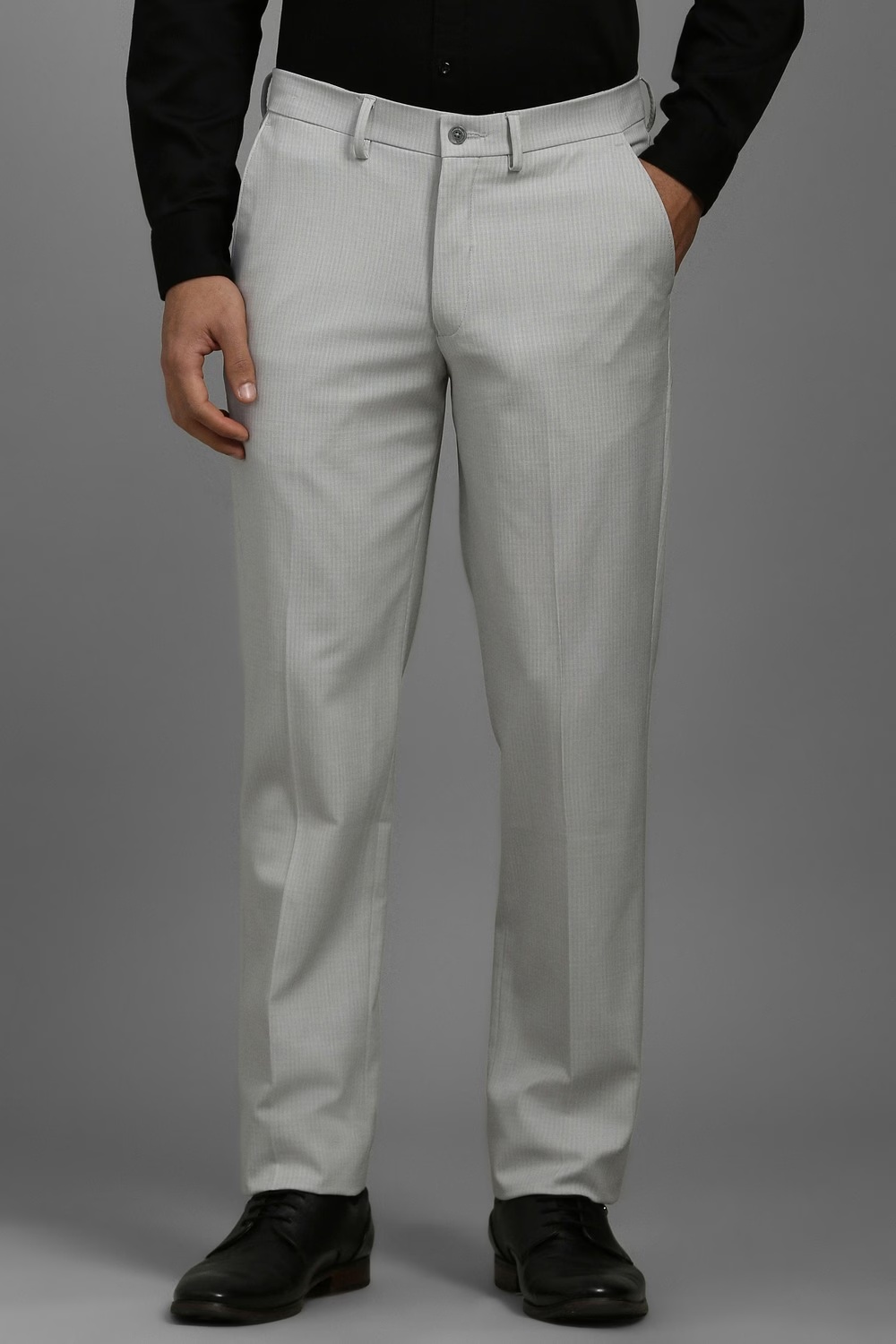 Men Grey Slim Fit Textured Flat Front Formal Trousers-Grey